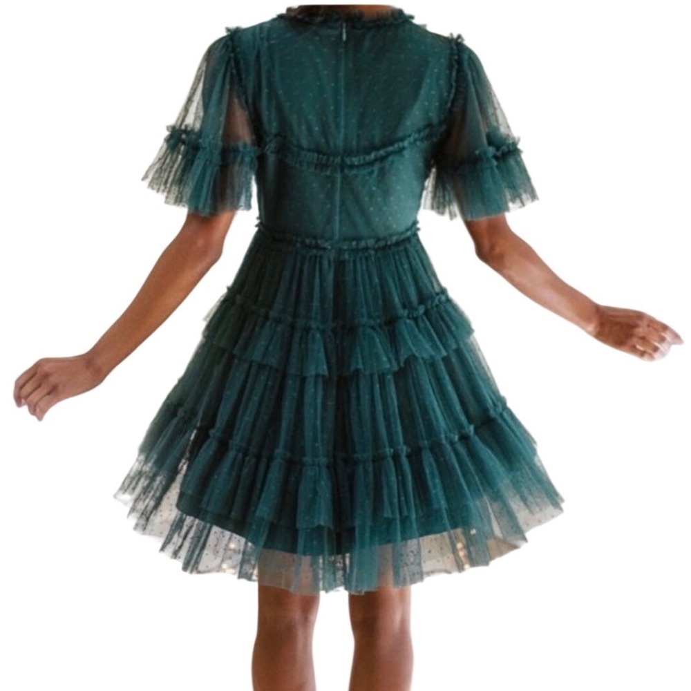 Ivy City Co Short Mini Whimsical Dress Emerald Green Tiered Lace Ruffle Small - Picture 2 of 11